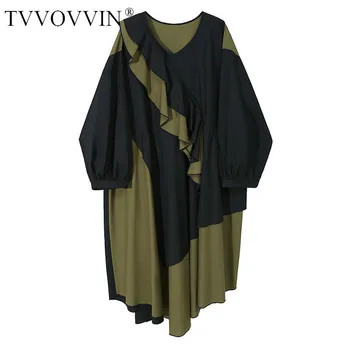 

TVVOVVIN Size Trend Plus Dress for Women Lotus Leaf Lace Long Sleeve Irregular Dresses Women Loose Autumn New Clothes GCC4073