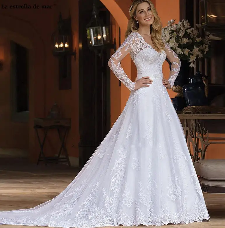 Vestidos novias boda2019 Новое сексуальное кружевное платье с v-образным вырезом и длинными рукавами ТРАПЕЦИЕВИДНОЕ белое свадебное платье принцессы с шлейфом abiti sposa красивое - Цвет: Белый