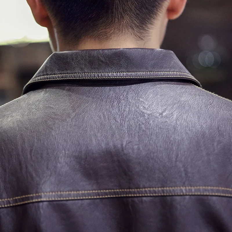 Men Trend Leather Coat Fold-down Collar Youth Autumn& Winter Leather Jacket Multi-pockets Slim Fit PU Leather Hair