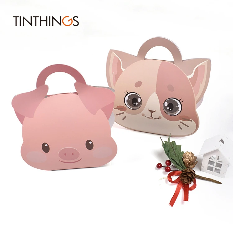 

10/20PCS animals box pig cat candy cookies box paper gift packaging handle piggy birthday box kids party decorations Cardboard