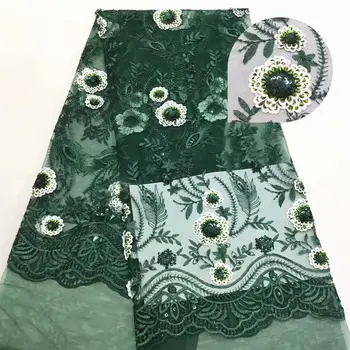 

2019 Wholesale luxury quality African chiffon lace fabric with sequins 5 yards emerald green sequins lace fabric
