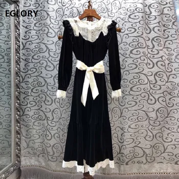 

Top Quality New 2019 Autumn Winter Party Vestido Dresses Women Sexy Crochet Lace Patchwork Long Sleeve Black Velvet Dress Belt