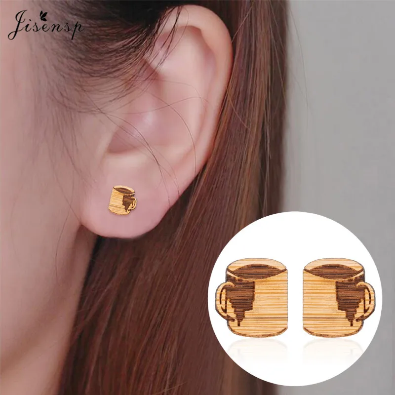 Jisensp Vintage Design Cute Cup Wood Earrings Fashion Jewelry for Women Unique Coffee Cup Stud Earrings Fashion Jewelry Gift