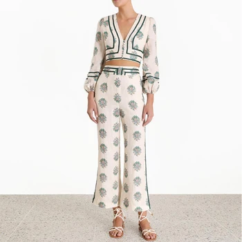 

Runway Autumn Holiday Pants Set Women Floral Print Lantern Sleeve Deep V Neck Short Shirt Two Piece Set And Bell-bottoms Suits