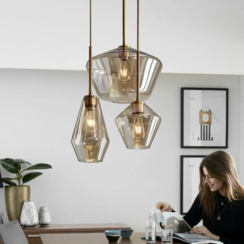 

Post Modern Glass Pendant Light Stainless Steel Diamond Shape Kitchen Hanging Lamp Loft Hanglamp Living Room Pendant Lamp