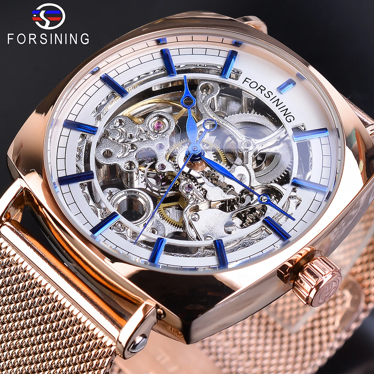 

Forsining Square Rose Gold Mechanical Watch Men Automatic Transparent Slim Analog Business Dress Stainless Steel Mesh Band Clock