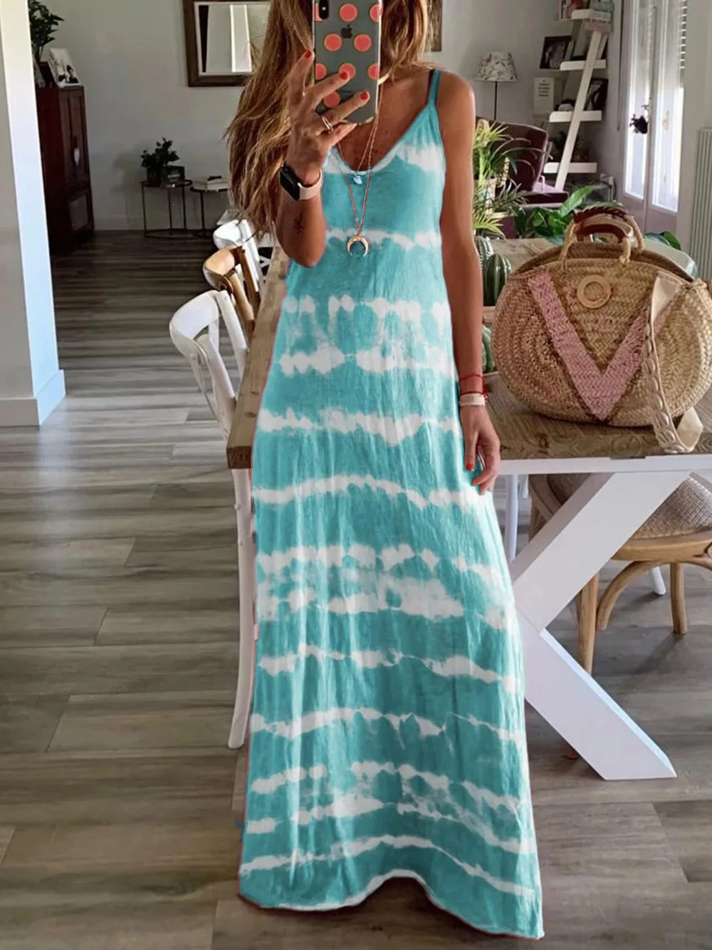 

2020 New Dress Women Summer Fashion Sling Ladies Casual Loose Sleeveless V Neck Tie Dye Long Vest Beach Sling Dress
