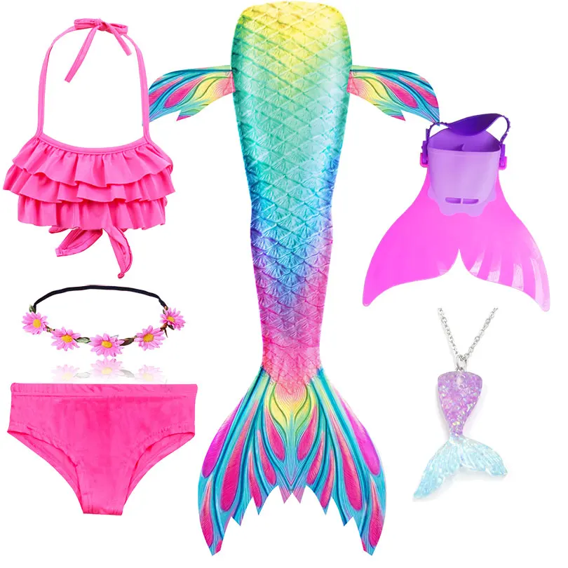 

HOT Children Mermaid Tail with Fin Tail Mermaid Swimsuit Bathing Suit for Girls With Flipper Monofin Necklace Cosplay Costumes