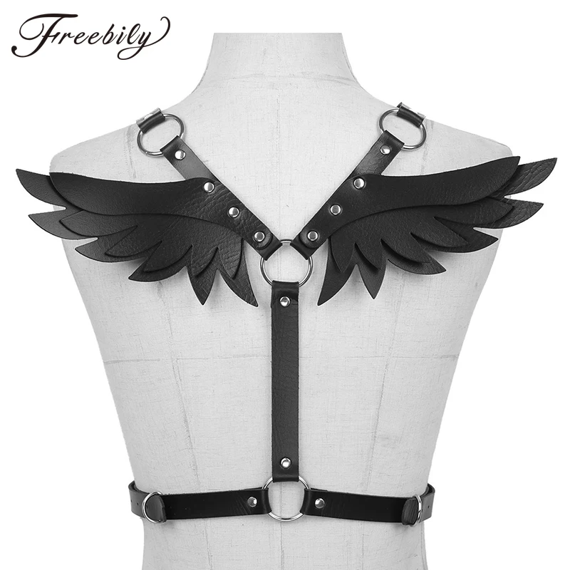 Черные крылья летучей мыши кожаный портупея бюстгальтер сексуальное женское белье с поясом в стиле готик-панк средства ухода за кожей Связывание отрегулировать Топы танцевальная клуб рейв одежда для женщин