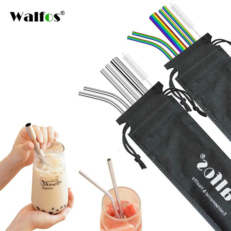 Walfos 7 Pcs / Set Reusable Christmas Stainless Steel Drinking Straws Metal  Straw (2 Straight, 2 Bent, 1 Thick Straw