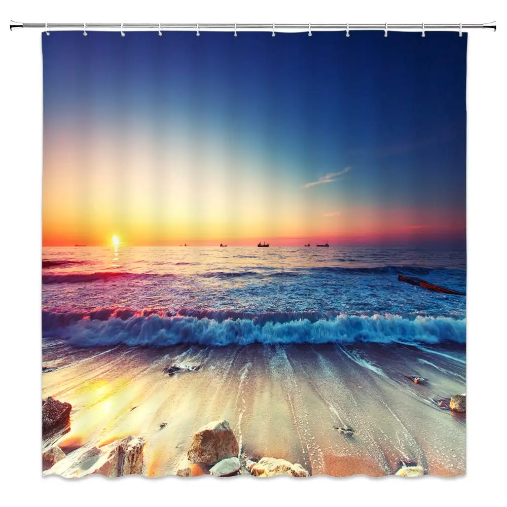 

Ocean Shower Curtain Decor Sunset Sea Beach Bathroom Curtain 70 x 70 Inches Polyester Fabric Machine Washable with 12pcs Hooks