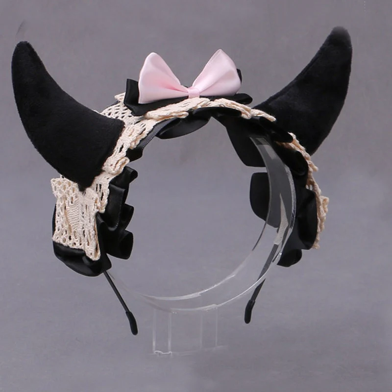 

Lolita Kawaii Hair Accessories Teen Girls Anime Horns Lace Bow Headband Women Halloween Party Cute Plush Cow Ears Hair Bands