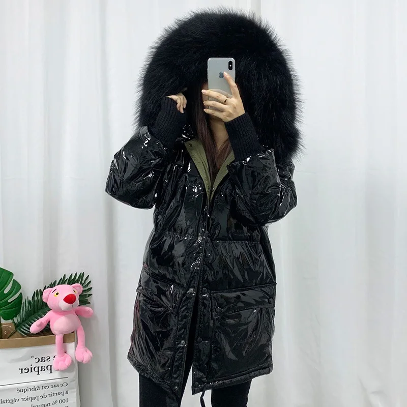 

Winter Jacket Real Natural Fur Bright Side Down Coat Women Thicken Medium Long Parka Female Waterproof Duck Down Coat
