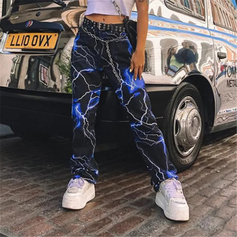 NCLAGEN Women Lightning Print Sweat Pants Fashion Streetwear Cargo Long Trousers 2020 High Waist Lady Sweatpant Harajuku Capris