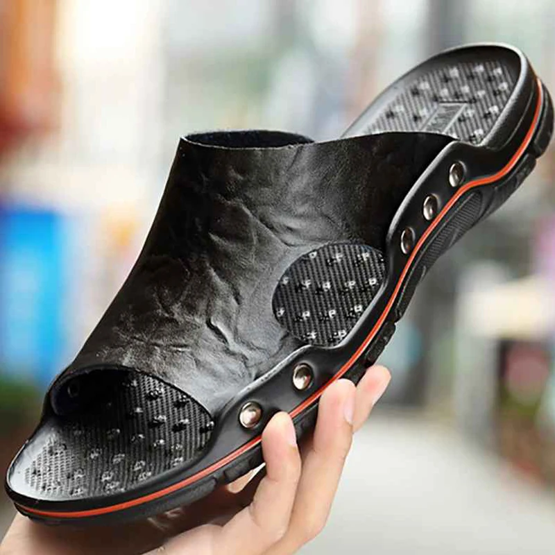 Summer Mens Slippers Genuine Leather Slippers Sandals Luxury Classic Leather Original Mens Flip Flops Outdoor Mens Slippers