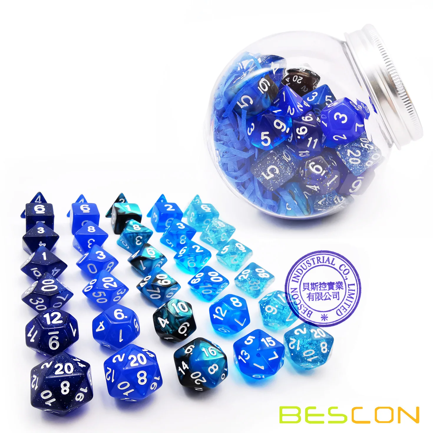 Bescon RPG Dice Set 35pcs Ocean Blue Set, DND Role Playing Game Dice 5X7pcs 5