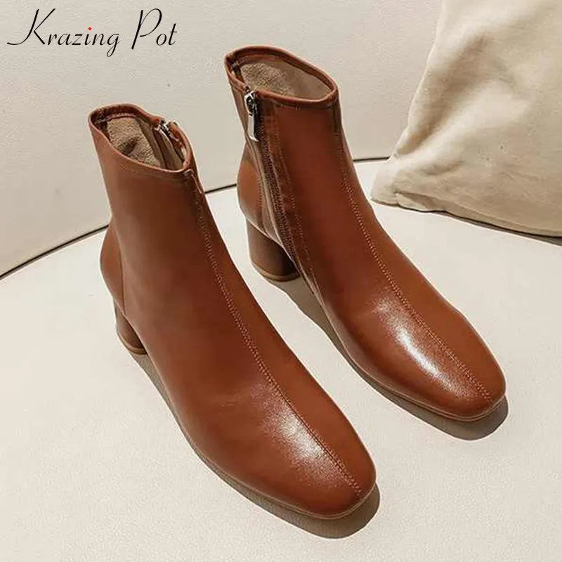 

krazing pot classic basic soft sheep leather solid square toe high heels winter daily wear dating streetwear ankle boots L85