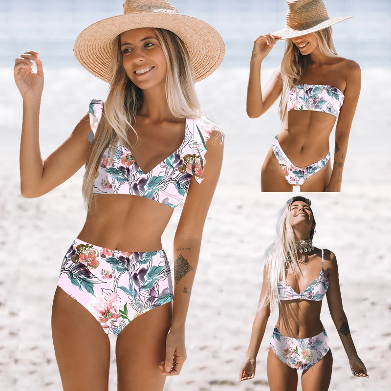 

Summer ruffle swimwear Women Tube Top Swimsuit Solid Floral Print Bikini Sexy Brazilian Beachwear High Cut Bathing Suit bikinis