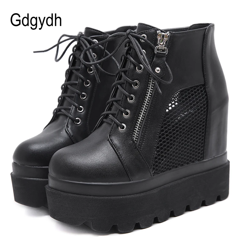 

Gdgydh 2019 Autumn Zip Lacing Ankle Boots Round Toe Wedges Platform Female Short Boots Fashion Black Mesh Women Boots Drop Ship