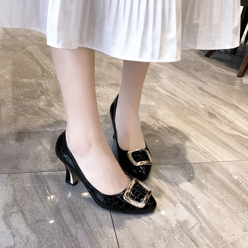

2019 New Style High-heeled Shoes Korean-style Pointed-Toe-Style Square Buckle Foot Covering Large Size WOMEN'S Shoes Versatile W