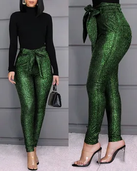 

Women Shiny High Waist Belted Glittering Pants Women Skinny Casual Pencil Pants