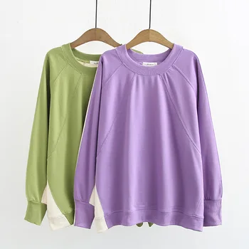 

2020 Pack Lazy Wind Spell Color Leisure Wei Yi Fat Mm Increase Code Loose Round Neck Long Sleeve Top 9053