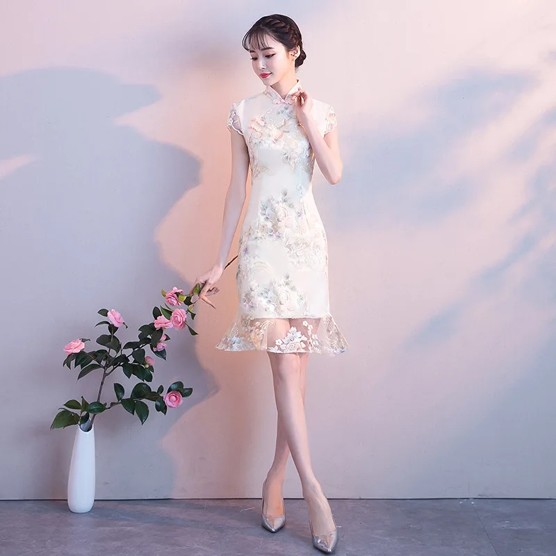 every day Qipao Sexy lace Standing collar Improved cheongsam Evening Dress Party Dress Vestidos - Цвет: Mermaid skirt