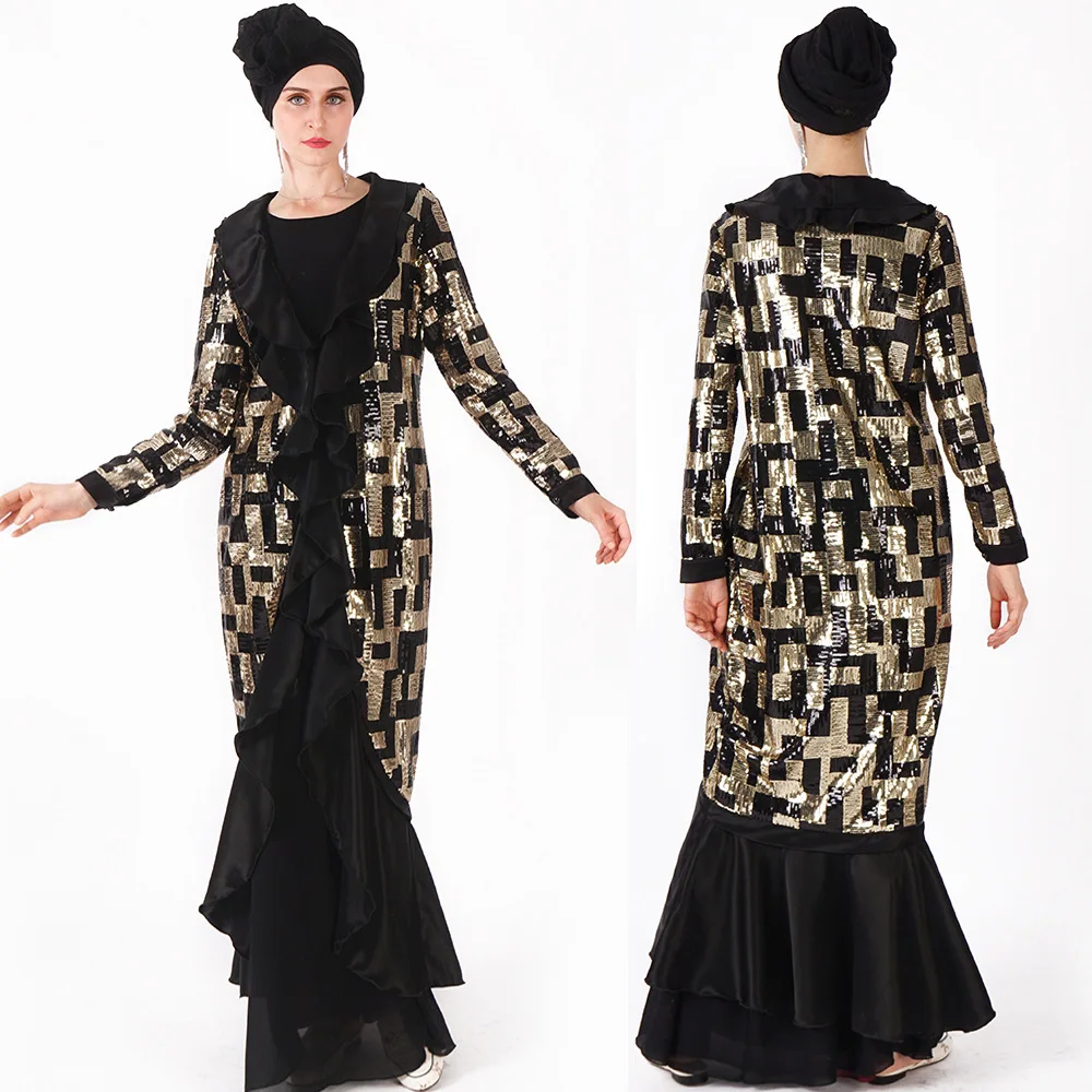 

L216 New Style Fashion Arab Hot Selling Open Front Muslim Robe Women's Fishtail Sequin Embroidered