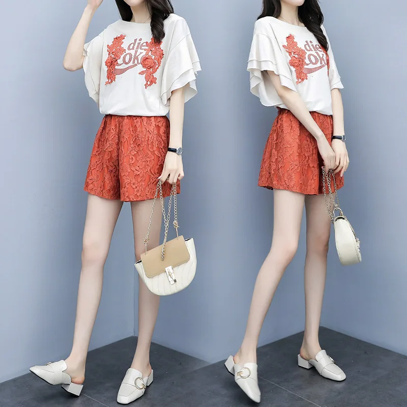 

2019 Summer New Style Large Size Dress Fat Mm Fashion Flounced Sleeves Tops + Lace Wide-Leg Shorts Two-Piece Women's