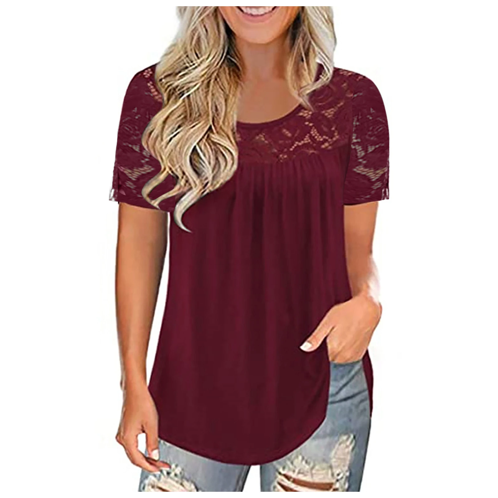 Hollow Out Tops for Women Womens V Neck T Shirts Short Sleeve Causal Summer Lace Tee Tops