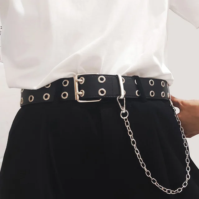 Women Punk Chain Fashion Belt Adjustable Double/Single Row Hole Pin Buckle Waist Belt Jeans Casual Female Decorative Waistband 1