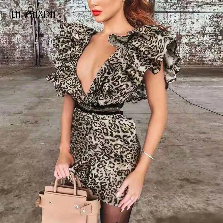 Зимнее женское гофрированное платье с леопардовым принтом, сексуальное короткое платье без рукавов с глубоким v-образным вырезом для ночного клуба, вечерние мини-платья Vestoidos
