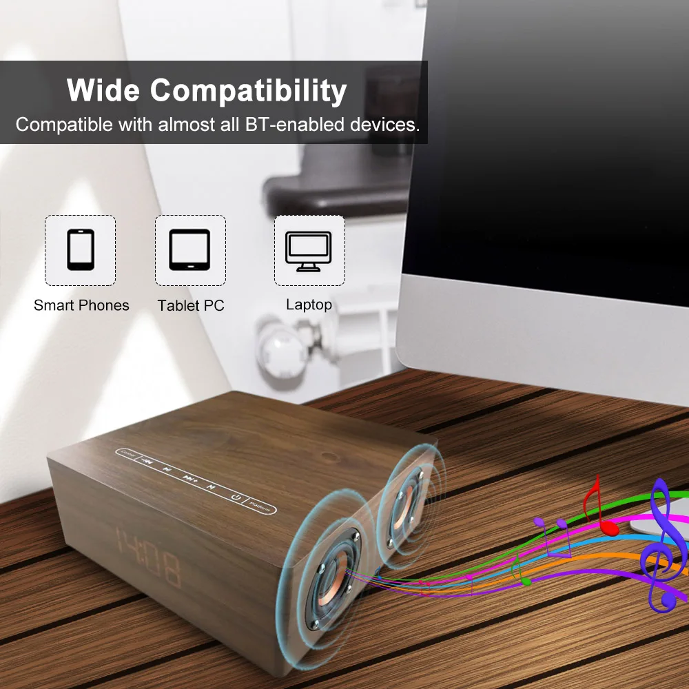 Q5C деревянные Bluetooth колонки BT 4,2 3 Вт* 4 Рог времени дисплей Будильник сенсорная кнопка Поддержка TF карты u-диск AUX сабвуфер динамик