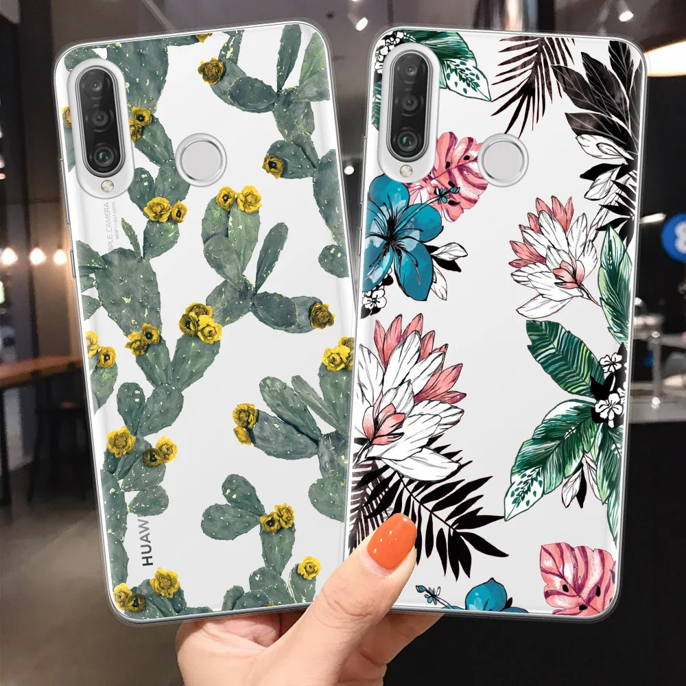 Tropical Summer Leaves Cactus Phone Case Cover For Coque Huawei P10 P20 P30 P40 Lite Pro E Transparent Silicone Shell Fundas | Мобильные
