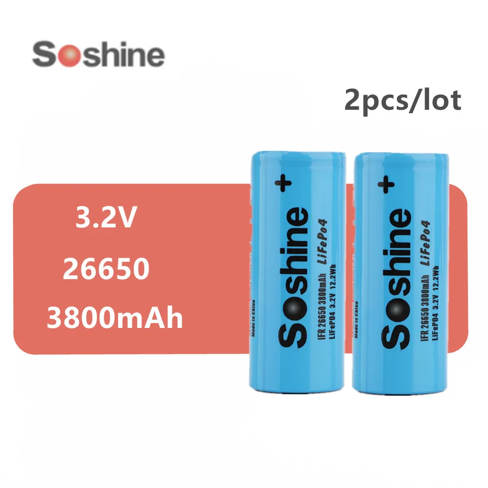 2 шт soshine Новинка 26650 батарея 3800mah 3 V аккумуляторная LiFePO4 12.2Wh | Электроника