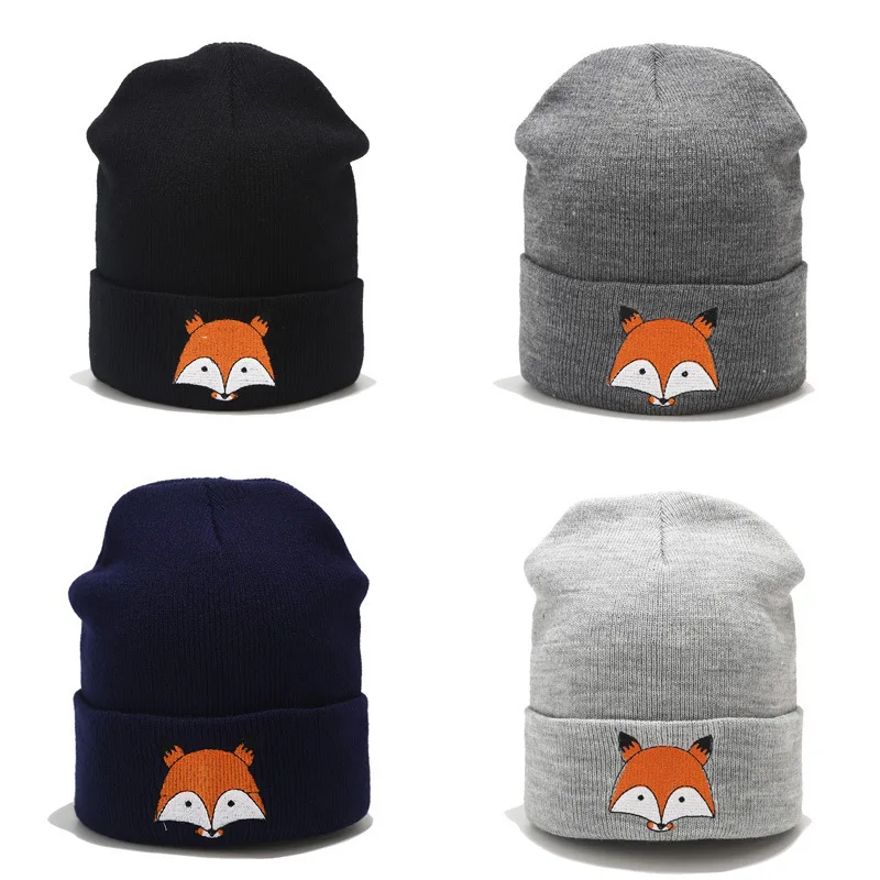 

2019 New Knitted Winter Caps Women Men Soft Warm Beanie Knit Cap Crochet Elasticity Hats Skullies Female Ear Embroidery Fox Hat