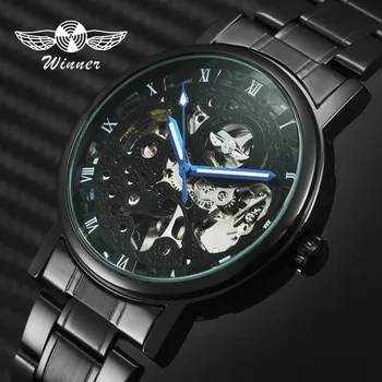 

WINNER Mechanical Watch Casual Watches for Men Black Skeleton Watch Stainless Steel Strap Roman Numeral Business Luxury Watches