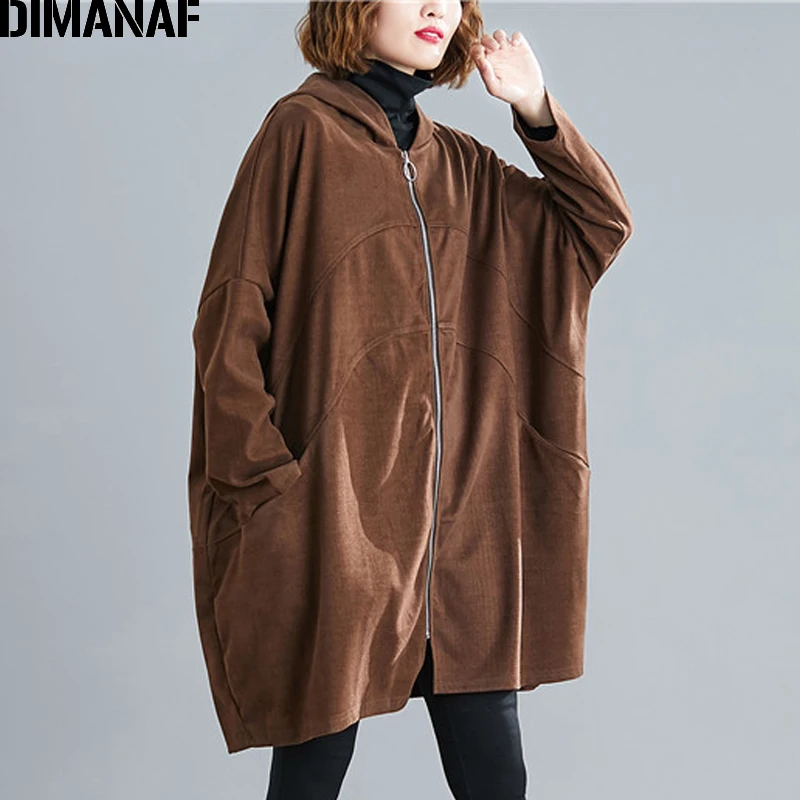

DIMANAF Plus Size Women Jackets Coats Autumn Oversize Outerwear Zipper Hooded Solid Loose Long Sleeve Cardigan Female Clothes