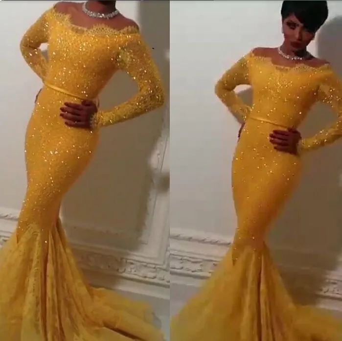 

2018 Evening gown Crystal Beads Scoop Yellow Long Sleeve Sequins Lace Saudi Arab vestido de noiva mother of the bride dresses