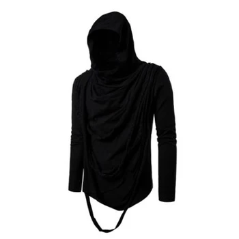 

Men autumn punk rock hip hop long sleeve t shirt ripped tassel hooded tees tops man gothic style cloak black white 6 colors
