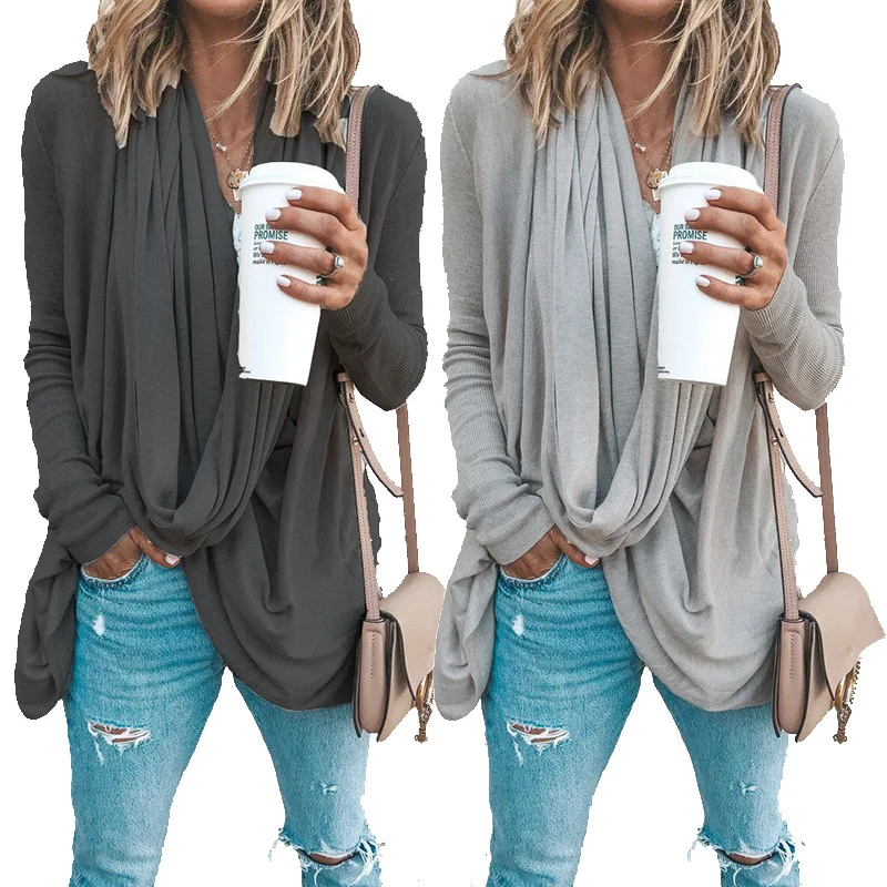 

2020 T-Shirts Women Asymmetrical Tops & Tees Women's New Irregular Heap Collar T-shirt Long Sleeve Tops Plus Size 5XL TS38