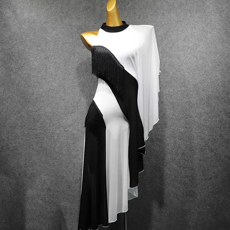 Осеннее платье для латинских танцев женское черное и белое платье для соревнований с бахромой платье для сальсы VDB913 - Цвет: Dress