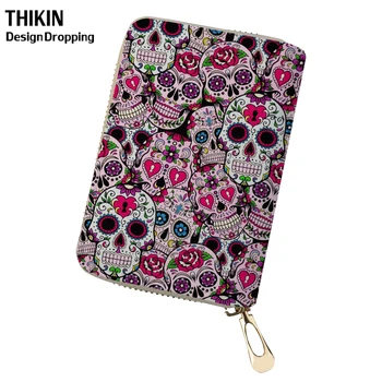 

THIKIN Funny Sugar Skull Deisgner Women PU Travel Leather Passport ID Card Case Bag Ladies Passport Leather Card Holder Zipper