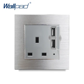 

13A UK Socket with Double USB Charging Port with LED Indicator Wallpad Silver Metal UK socket with 2 USB Ports