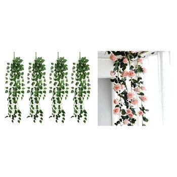 

1Pcs180Cm Artificial Rose Flower Vine Real Press Silk Flowers Pink & 4Pcs Artificial Plants Greeny Ivy Vine Wall Hanging Leaves