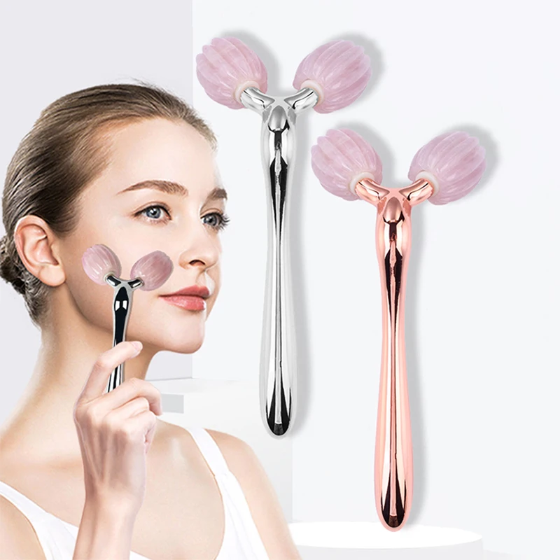 Rose Quartz Jade Roller Facial Massager 3D Massage Face Roller Face-lift Skin Care Tool Thin Face Chin Neck Body Wrinkle Remover
