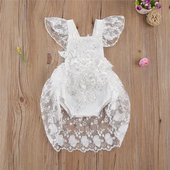 

0-24M Baby Girl Lace 3D Flower Embroidery Pearl Sweet Princess Romper White Square Collar Falbala Flying Sleeve Playsuit Summer