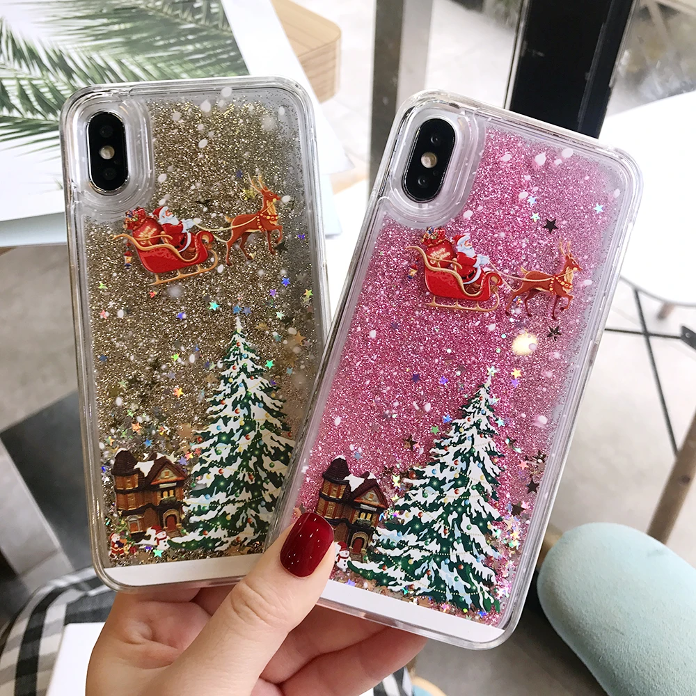 

Christmas Phone Case For iPhone 6 6S Plus 7 Plus Cute Cartoon Santa Claus Elk Quicksand Liquid Giltter Cover For iPhone 7 8 Plus