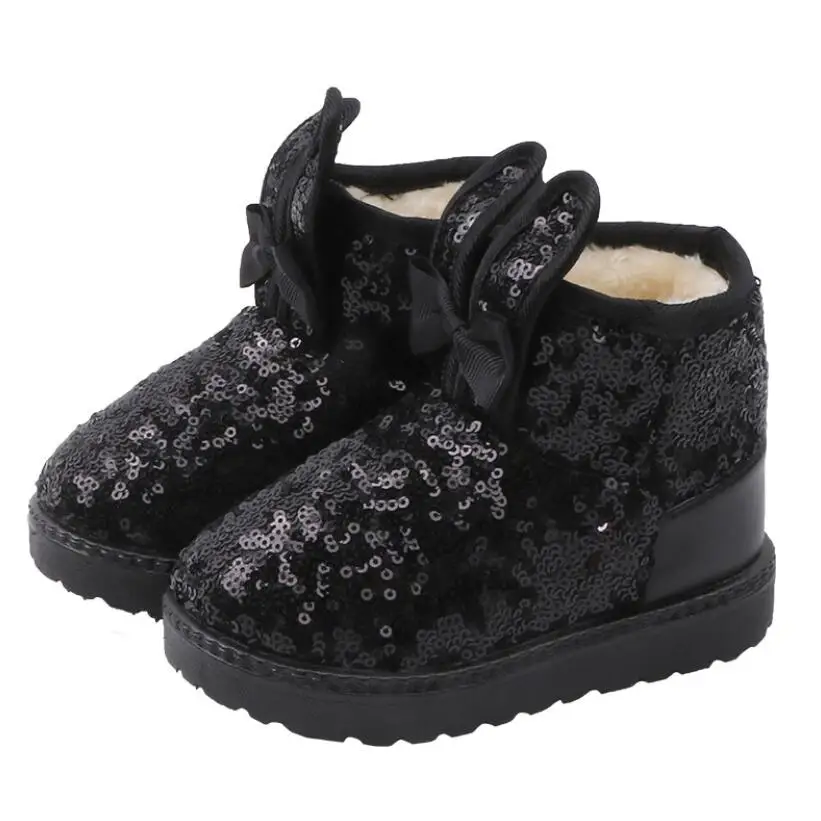 Зима детские ботинки для девочек с пайетками, из хлопка; Теплая обувь для студенток; зимние сапоги на меху, сапоги на сапоги "Принцесса" детские кроссовки - Цвет: Черный