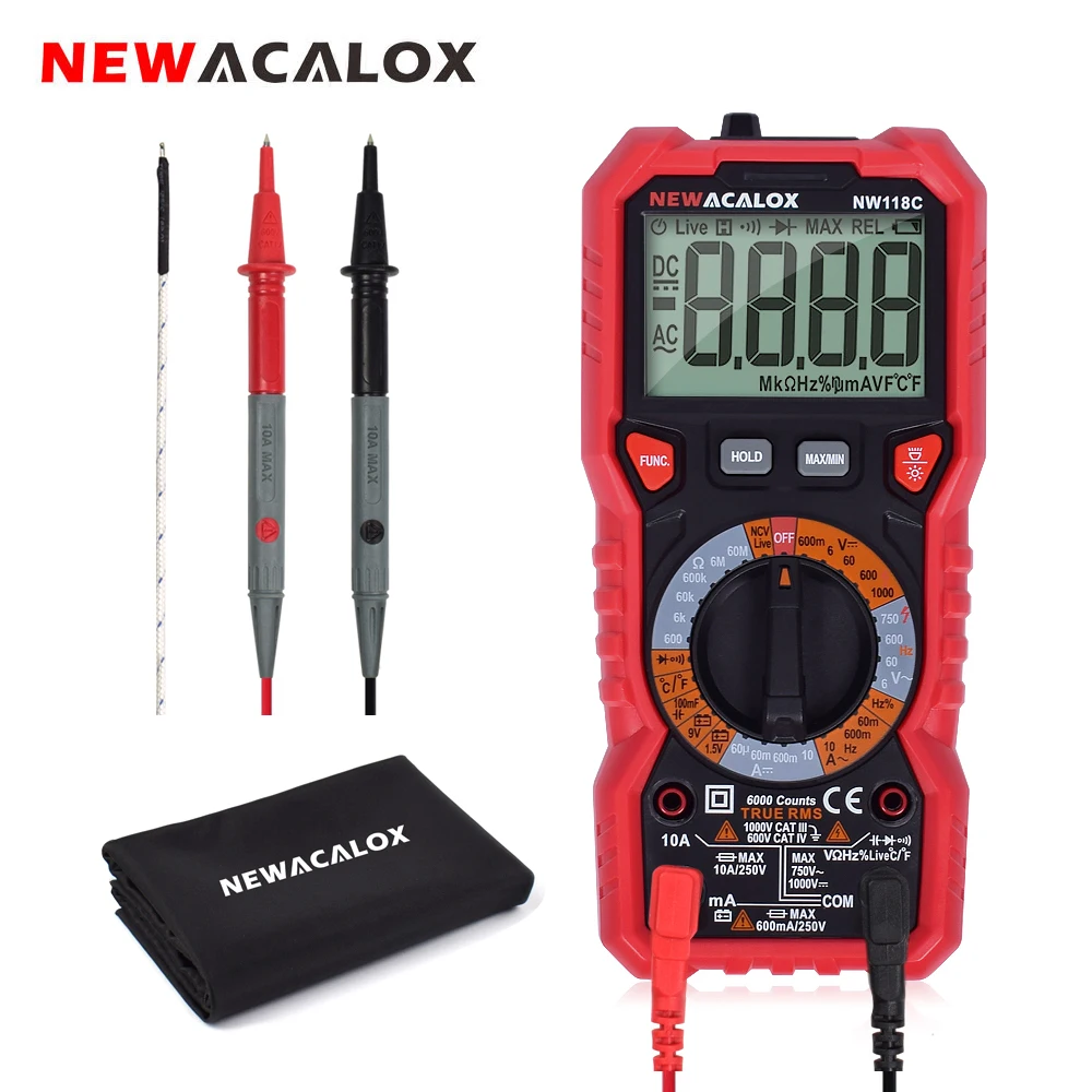 

NEWACALOX NW118C NCV Digital Multimeter 6000 counts Auto Ranging AC/DC Voltage Flash Light Back light Large Screen Temp Tester